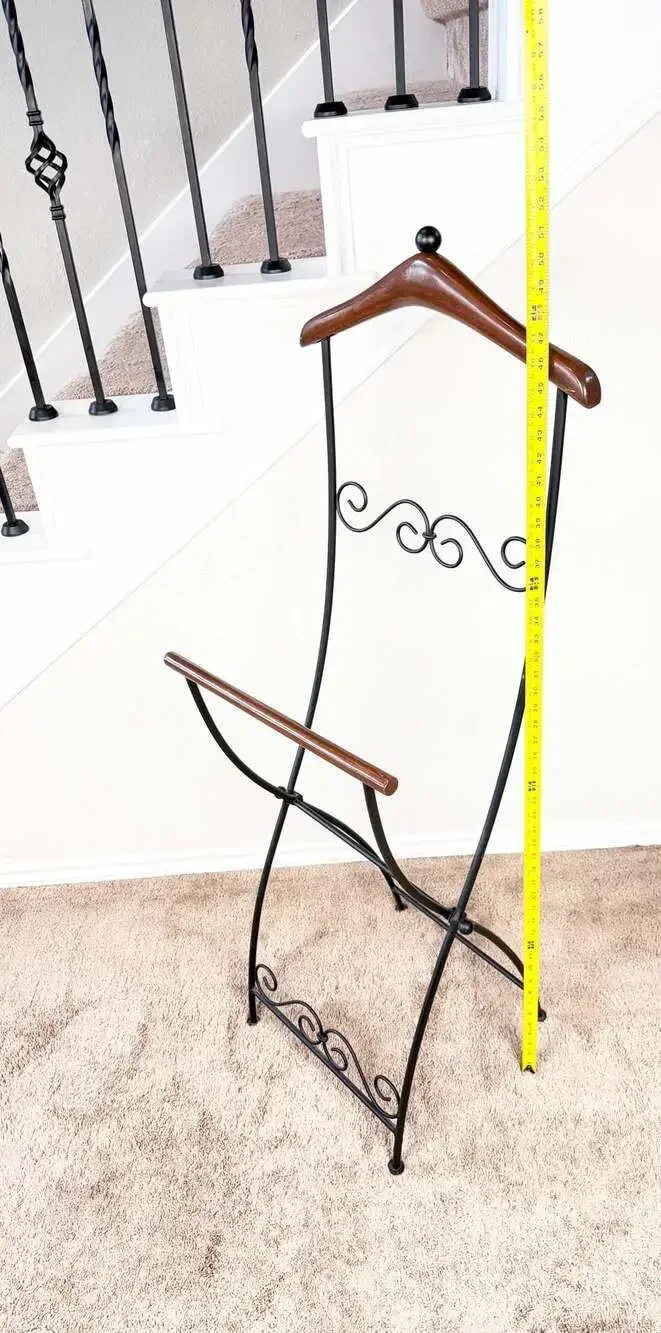 Vintage MCM Folding Butler Valet Stand Wood & Wrought Iron Clothes Rack Hanger